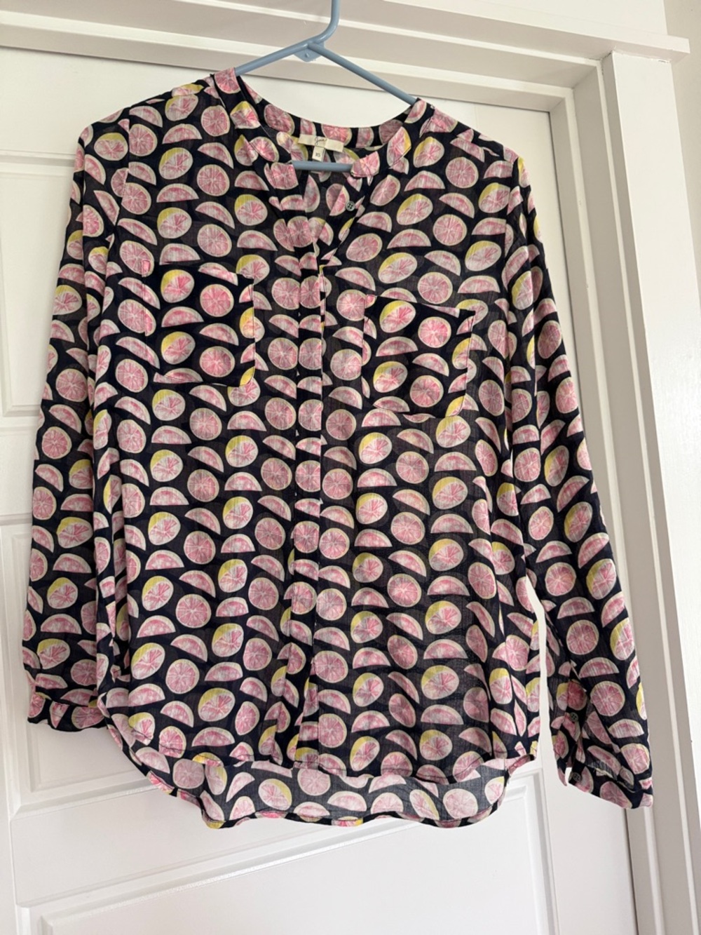 Joie Navy Cotton Blouse with Pink Grapefruit Pattern